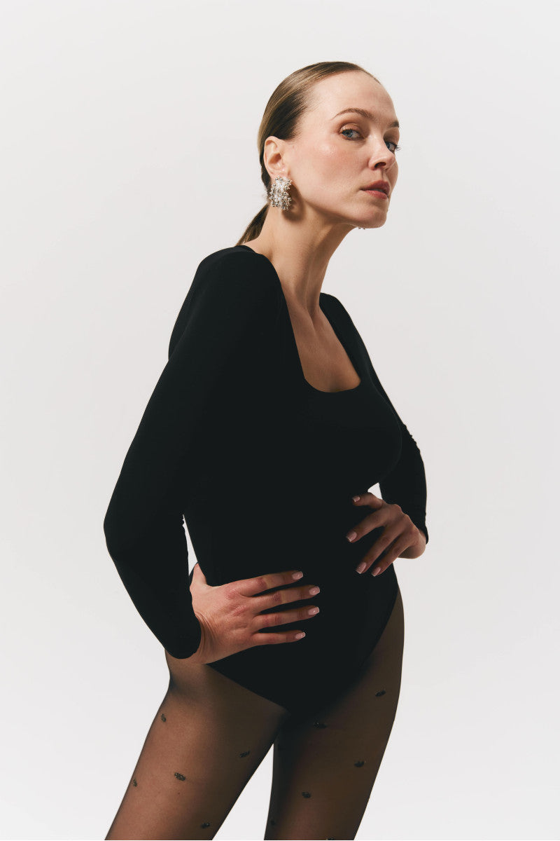Black square neck bodysuit