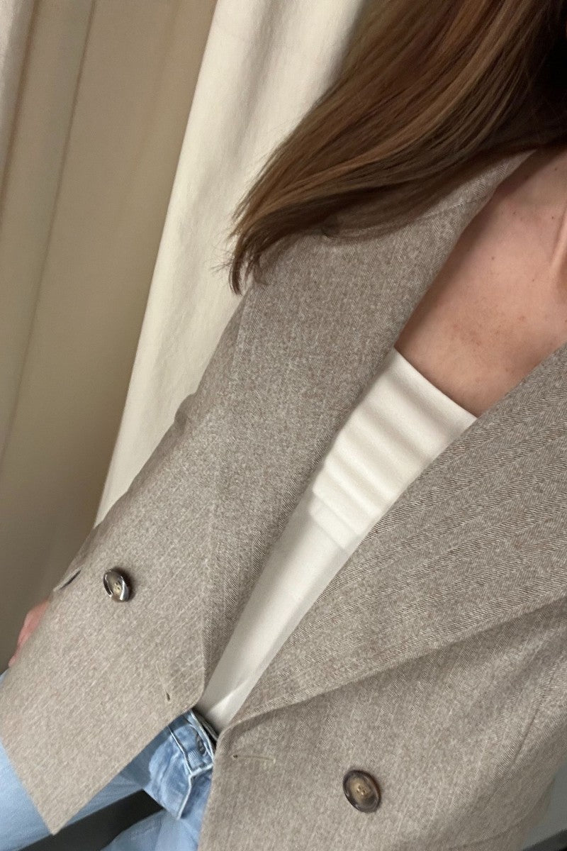 Beige double-breasted herringbone merino wool jacket