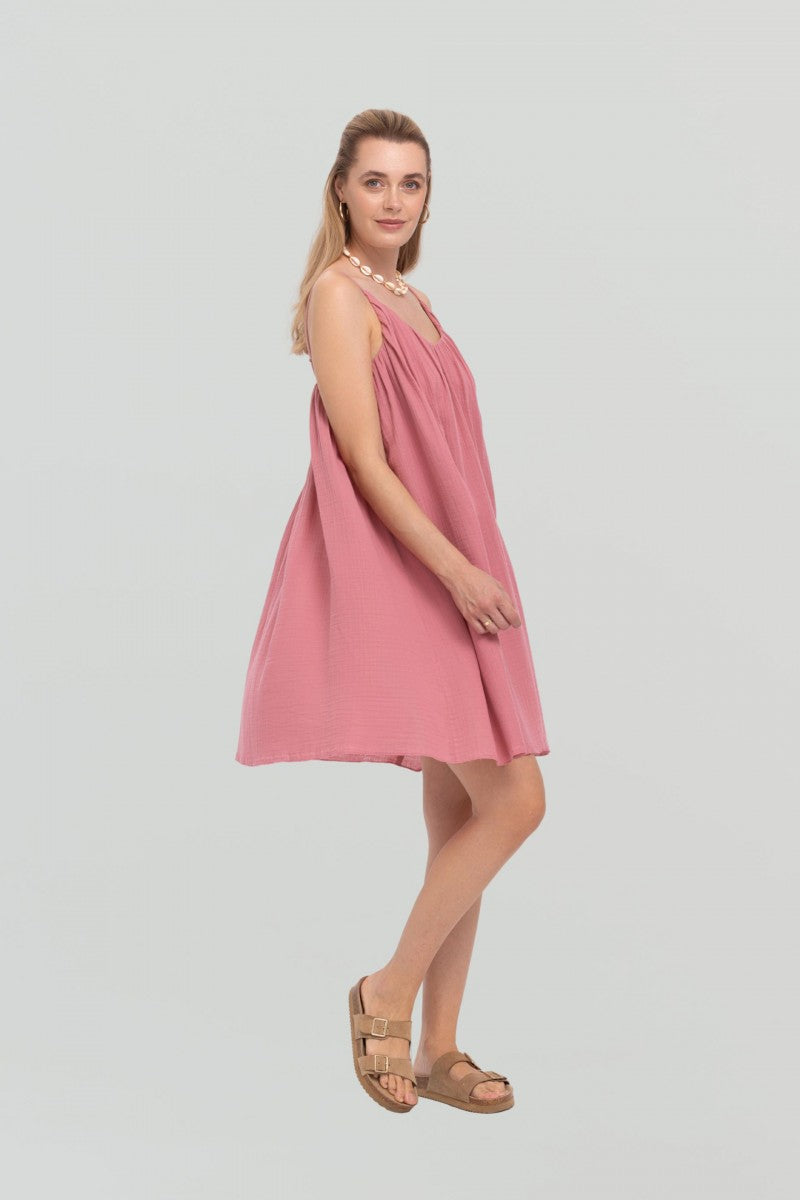 Pink loose-fitting muslin mini dress