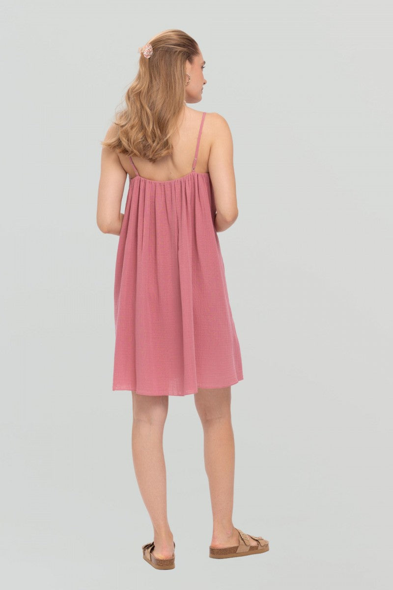 Pink loose-fitting muslin mini dress