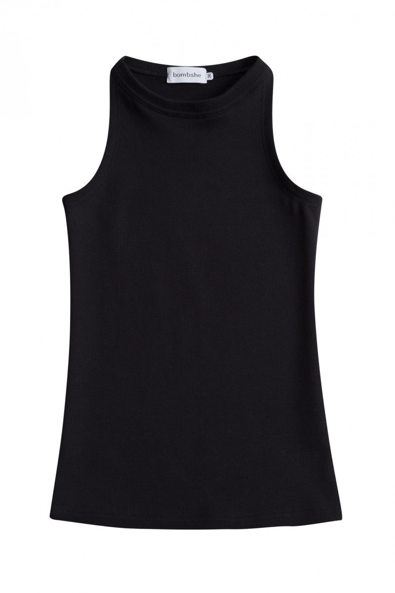 Prążkowany top z dekoltem halter czarny - packshot