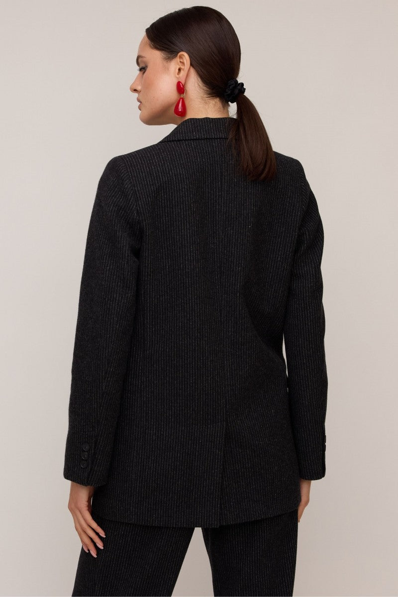 Striped wool jacket with one button, black
