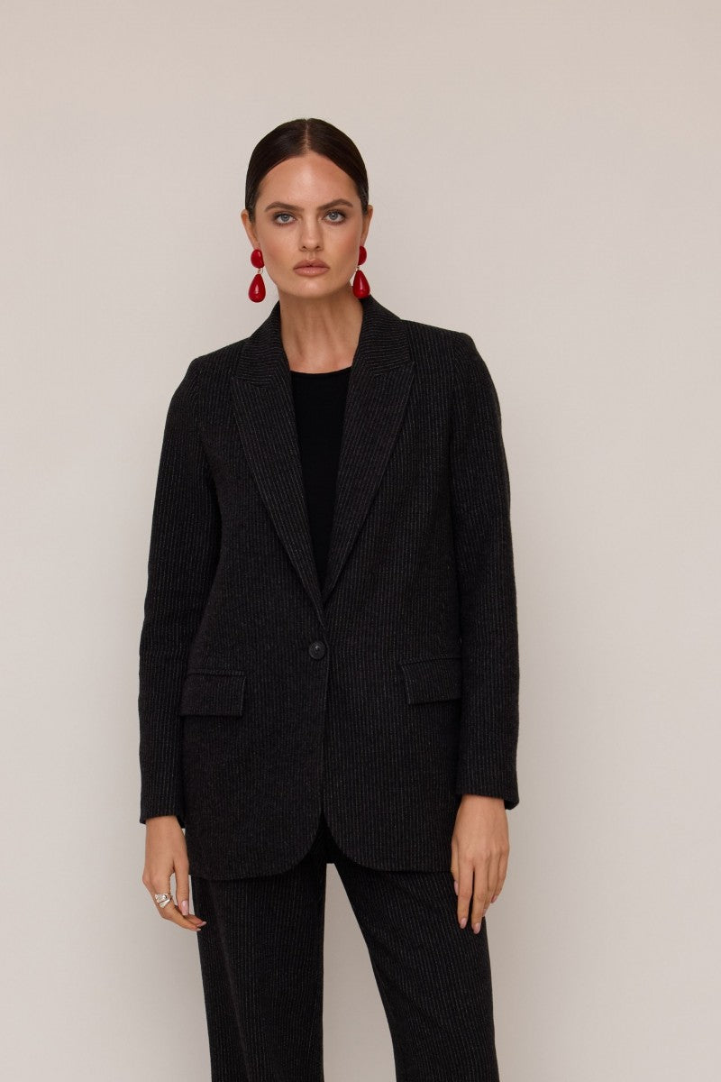 Striped wool jacket with one button, black