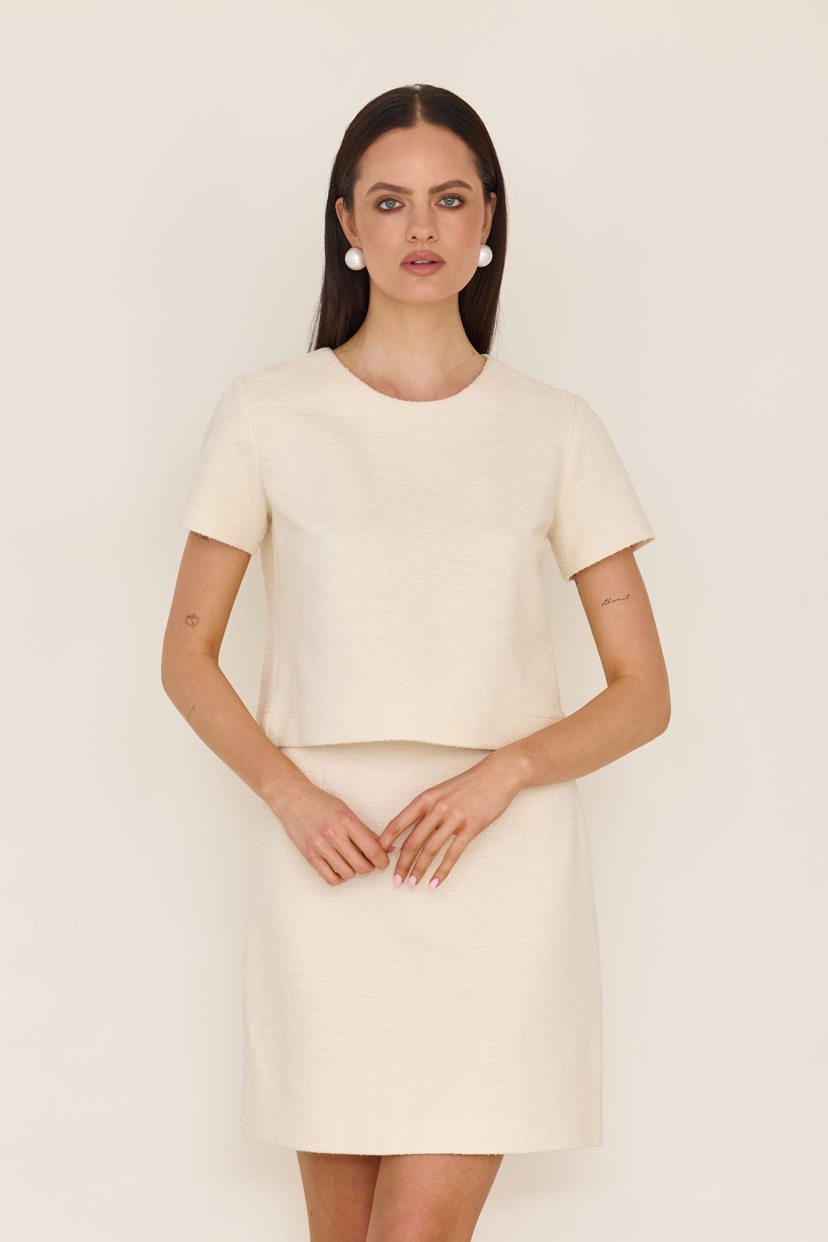 Cream boucle short-sleeved blouse
