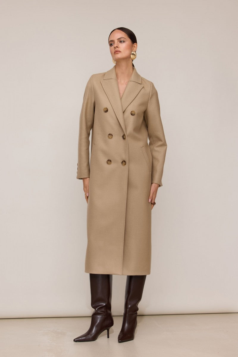 Classic double-breasted merino wool coat in beige