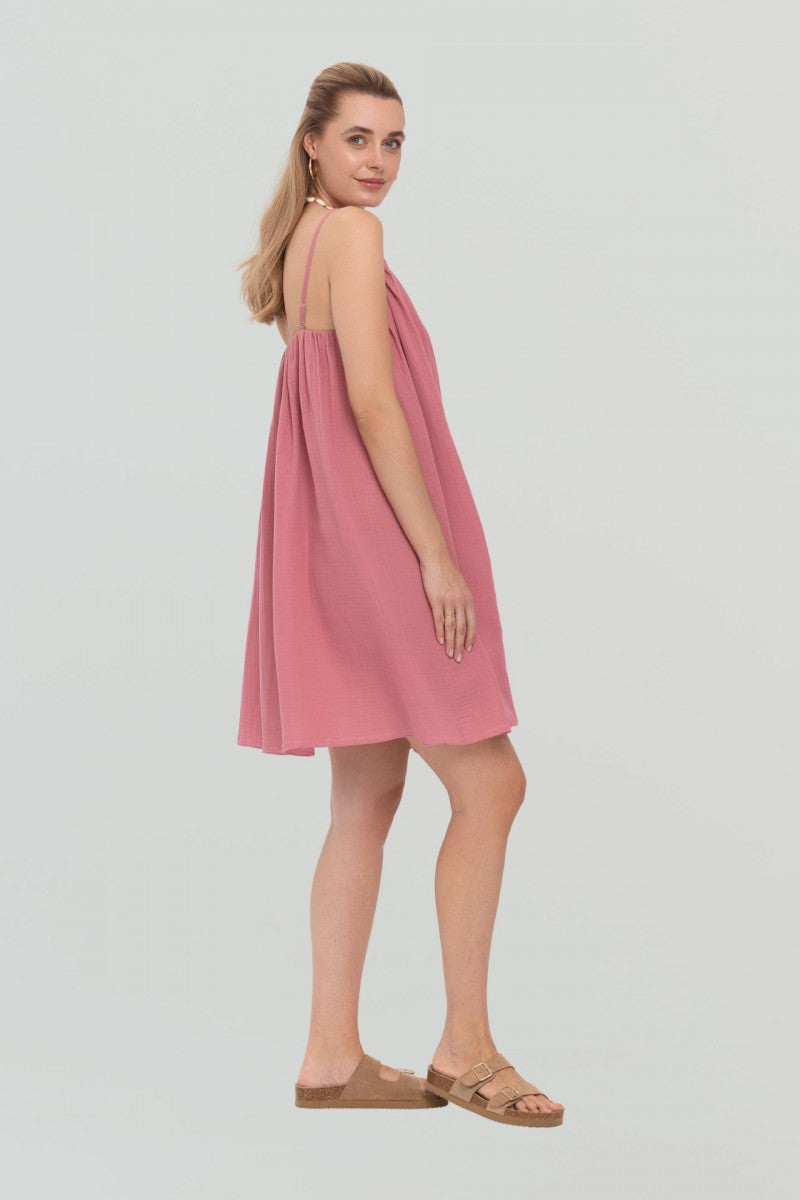 Pink loose-fitting muslin mini dress