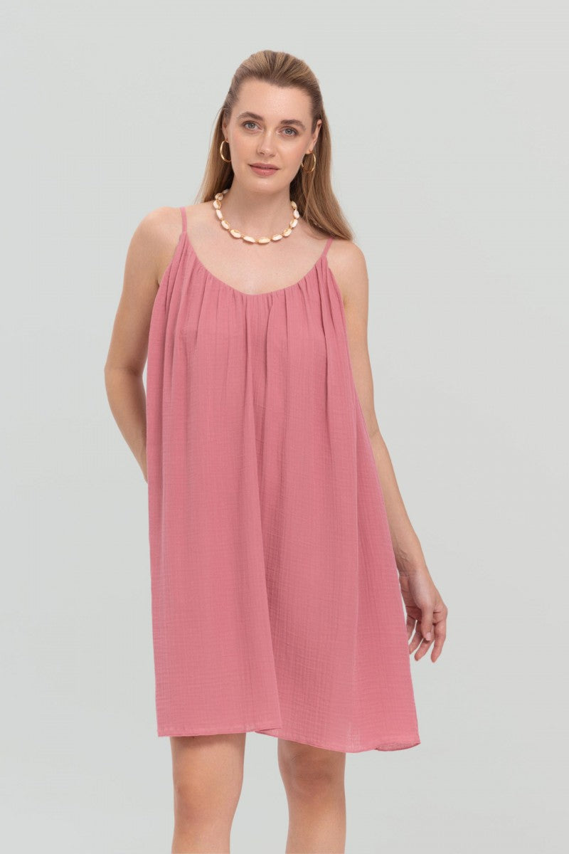 Pink loose-fitting muslin mini dress